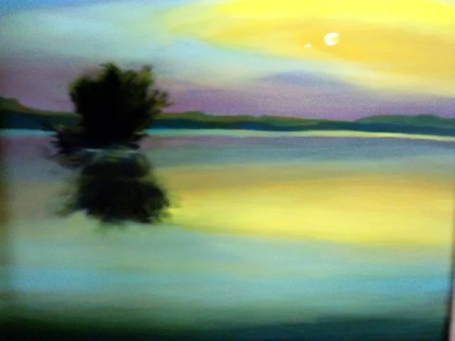 Painting of a lake scene with a tree reflected in the water, under a twilight sky with a crescent moon.