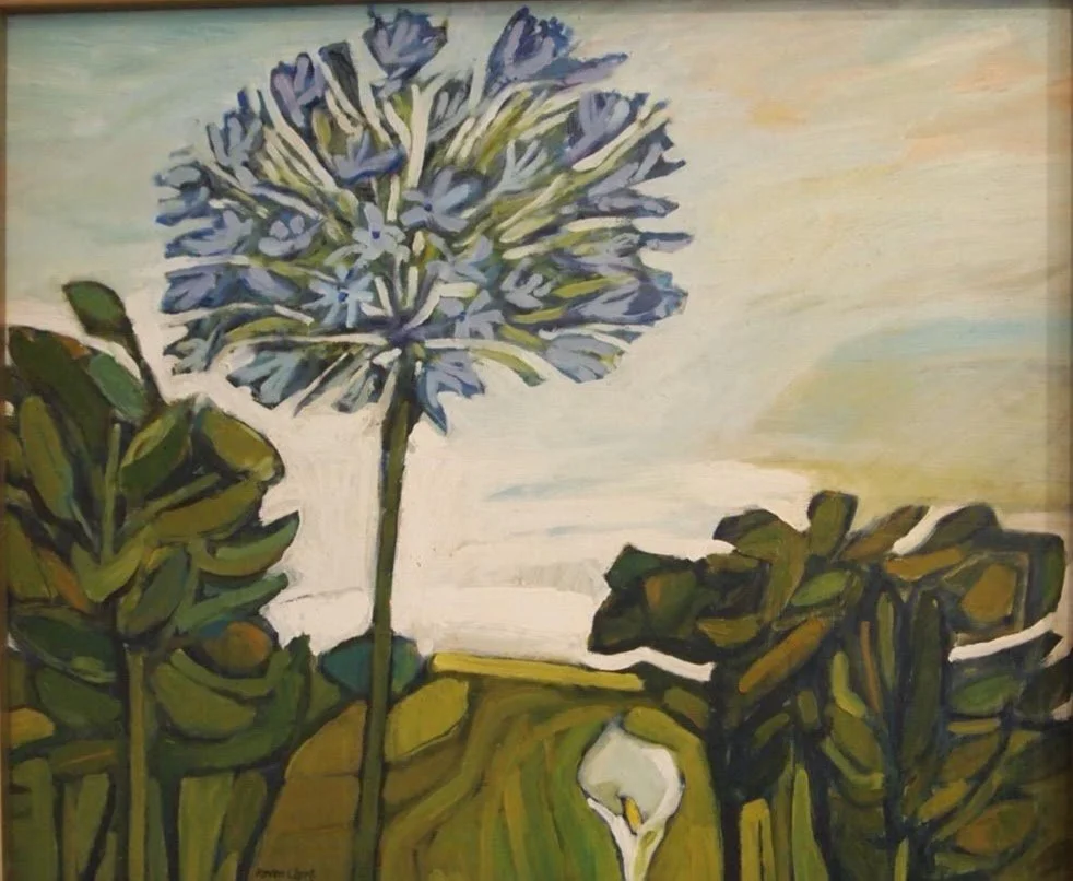Painting of a large purple flower, likely an allium, with green leaves on either side against a pale background.