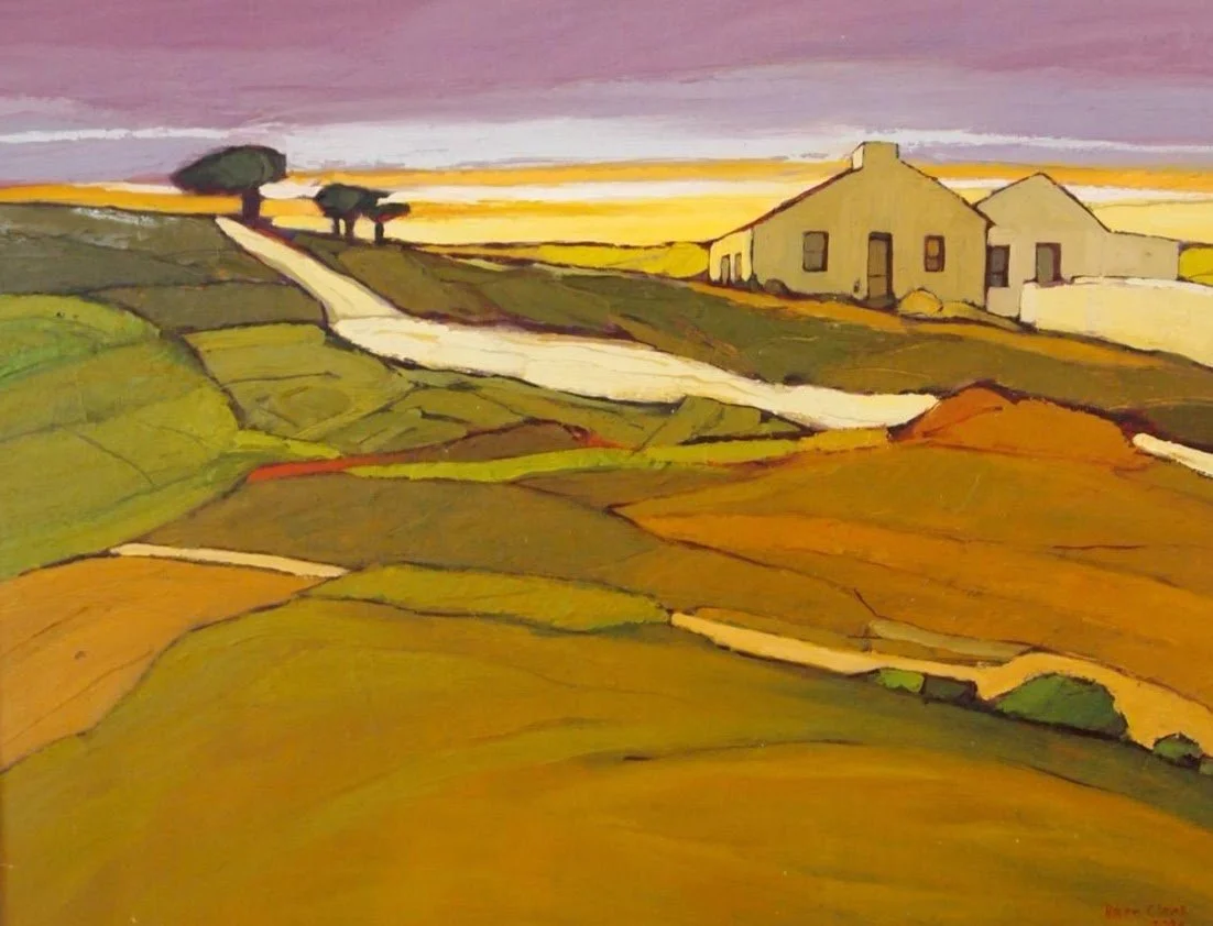 Painting of a rural landscape with rolling hills, a winding dirt road, and white houses at sunset or sunrise.