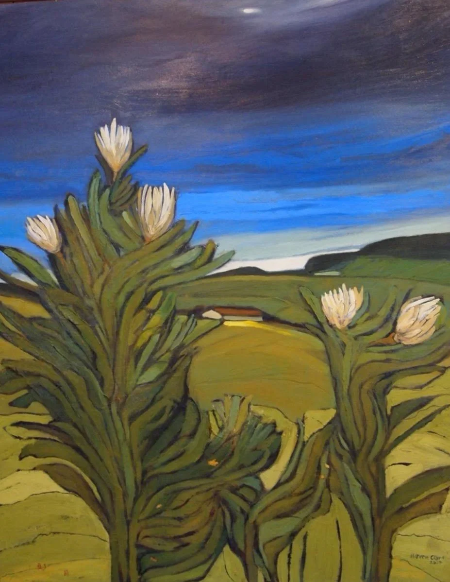 Painting of large green plants with white flowers in a landscape with green fields, distant hills, and a blue sky with dark clouds.