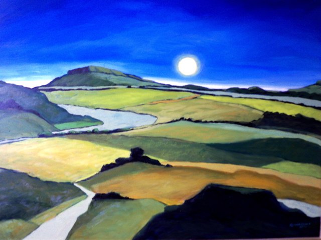 Landscape painting of rolling hills with a river, under a bright full moon in a dark blue sky.