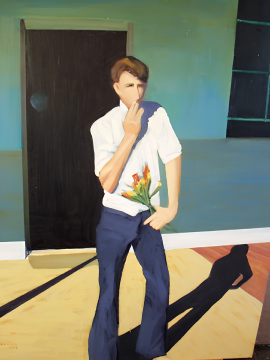 A young man in a white shirt and blue pants holding a bouquet of flowers, standing on a colorful floor with a dark door behind him, casting a long shadow.