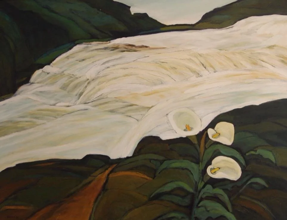 Painting of a waterfall flowing over a cliff with three white calla lilies in the foreground.
