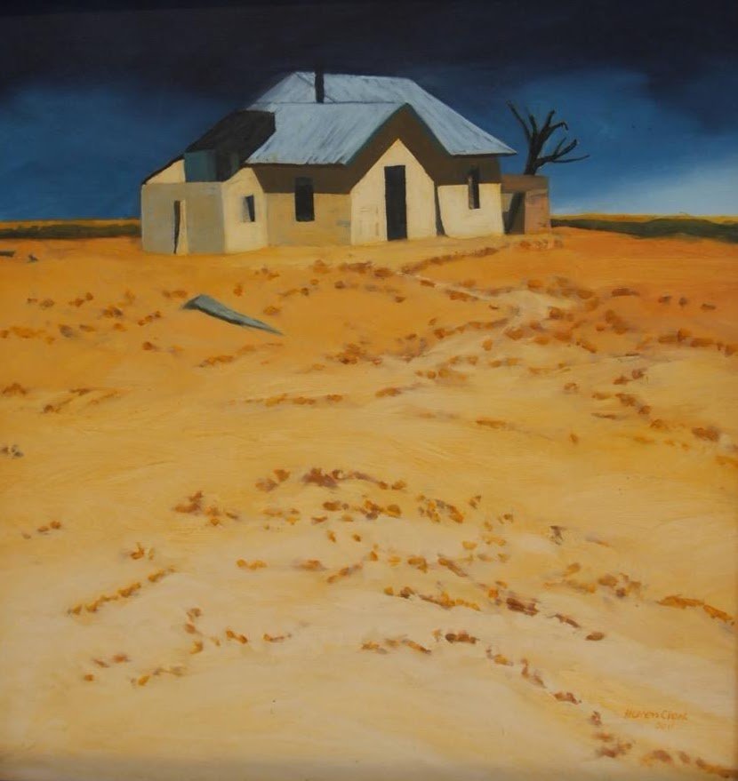 Painting of a solitary house on a barren, sandy landscape with a dark, cloudy sky and a leafless tree in the background.