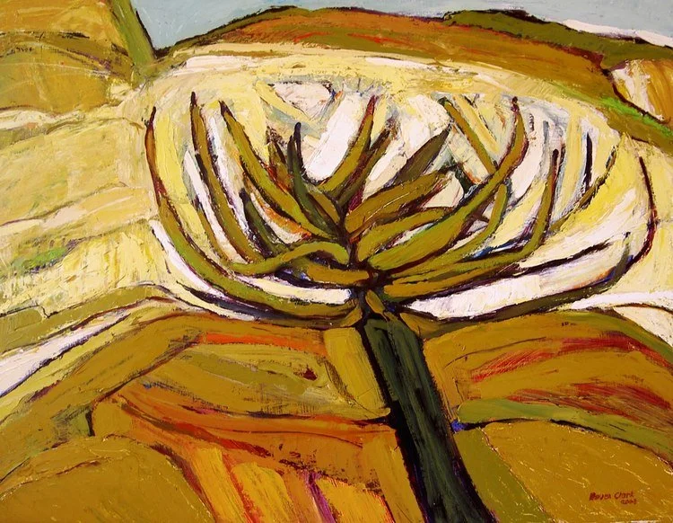 Abstract painting of a cactus with yellow, green, and brown hues.