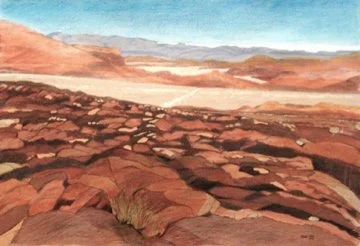 Painted landscape of a desert with reddish-brown rocks and distant mountains under a blue sky.