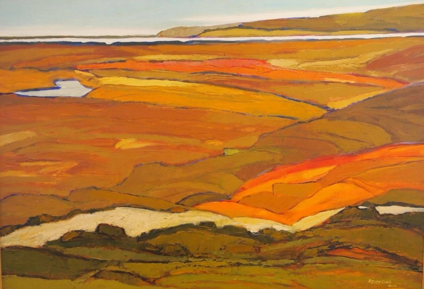 An abstract landscape painting with rolling hills in shades of orange, yellow, and brown, with patches of white and a partly cloudy sky.