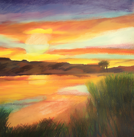 Painting of a colorful sunset over a river with trees and green grass in the foreground.