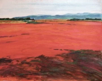 A landscape painting of a vast, reddish-brown field with distant hills or mountains under a cloudy sky.