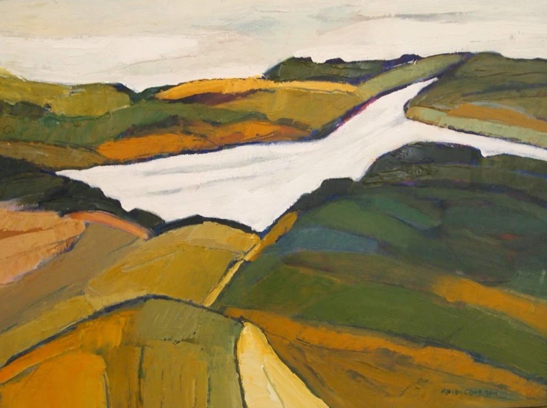 An abstract painting of rolling hills and a winding river with shades of green, yellow, orange, and white.