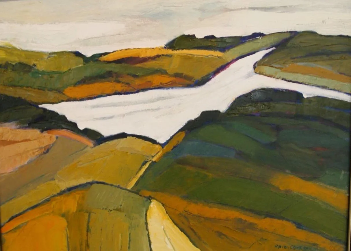 Abstract landscape painting of rolling hills and a river or stream flowing through the middle, with earthy tones of green, yellow, orange, and white.