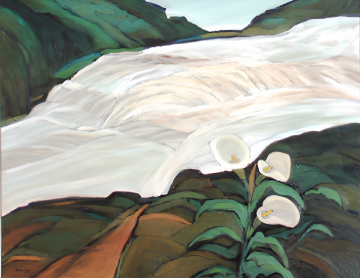 A painting of a waterfall flowing over rocks with greenery in the background.