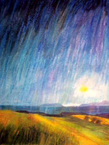 Painted landscape of fields with a vibrant sky and setting sun.
