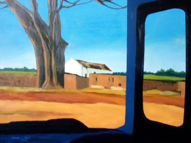 A painted rural scene seen through a vehicle's window, showing a large tree, a white building, and a dirt road.