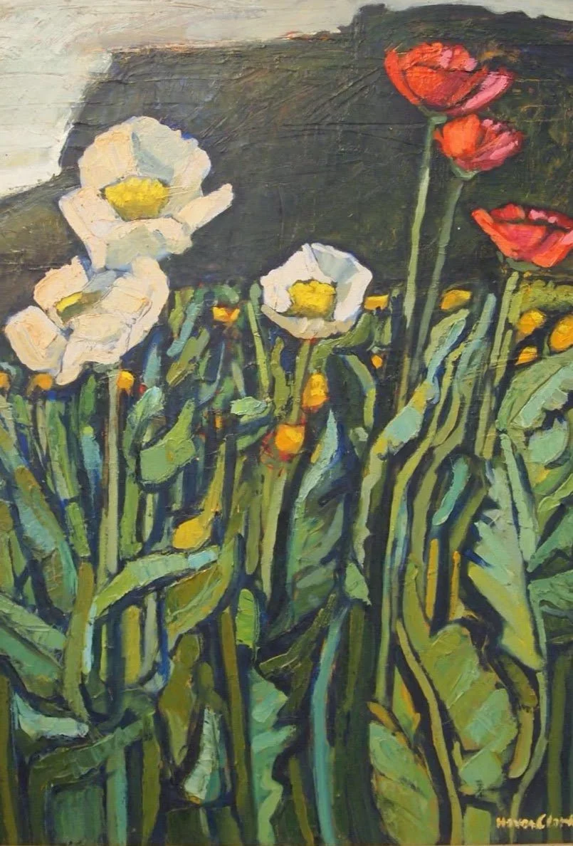 An oil painting of a garden with white, yellow, and red poppies, and green foliage.