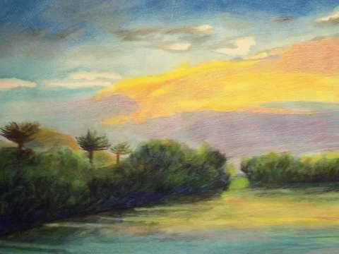 A watercolor landscape of a river with trees along the banks and a colorful sunset with pink, yellow, and blue sky.