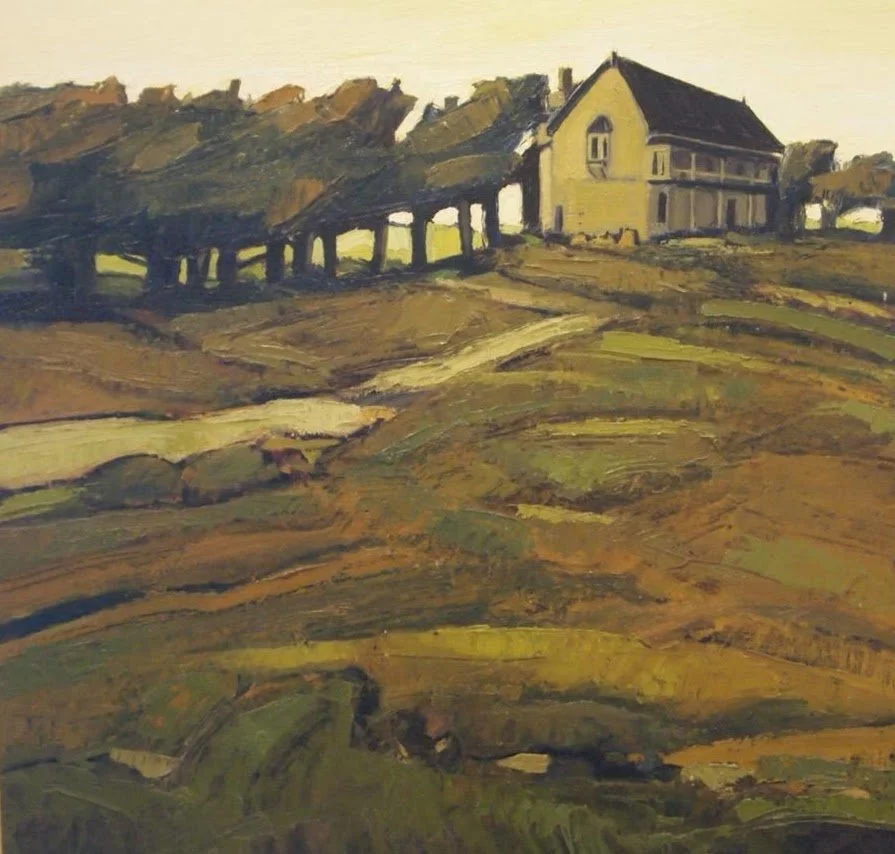 Painting of a rural landscape with a large house on a hill and smaller structures on stilts, with fields and dirt paths in the foreground.