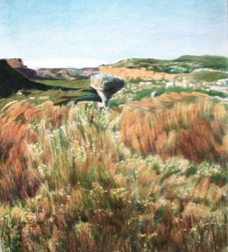Landscape painting of grassy fields with hills in the background and a blue sky.
