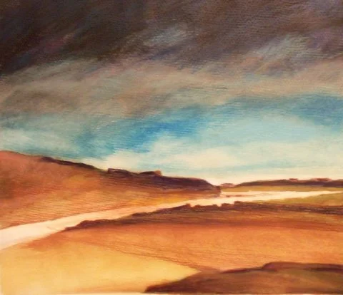 A landscape painting of a desert scene with a dirt road, rolling hills, and a partly cloudy sky.