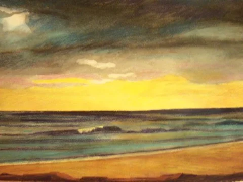 Painted seascape of a sunset over the ocean with dark clouds and colorful waves.