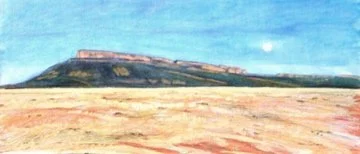 Painting of a large flat-topped hill or plateau with a structure on top, set against a blue sky.