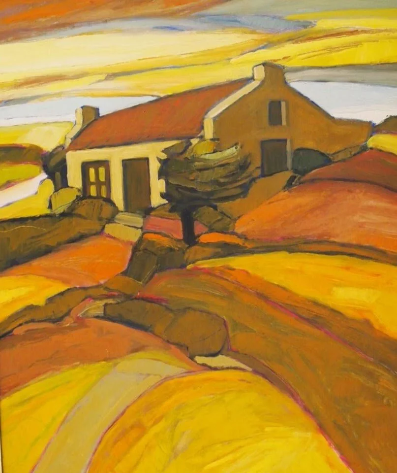 Painting of a countryside scene with a house, trees, and rolling hills in warm autumn colors.
