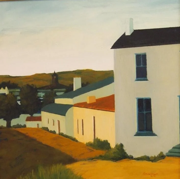 A painting of a rural scene with houses, trees, and a hill in the background.