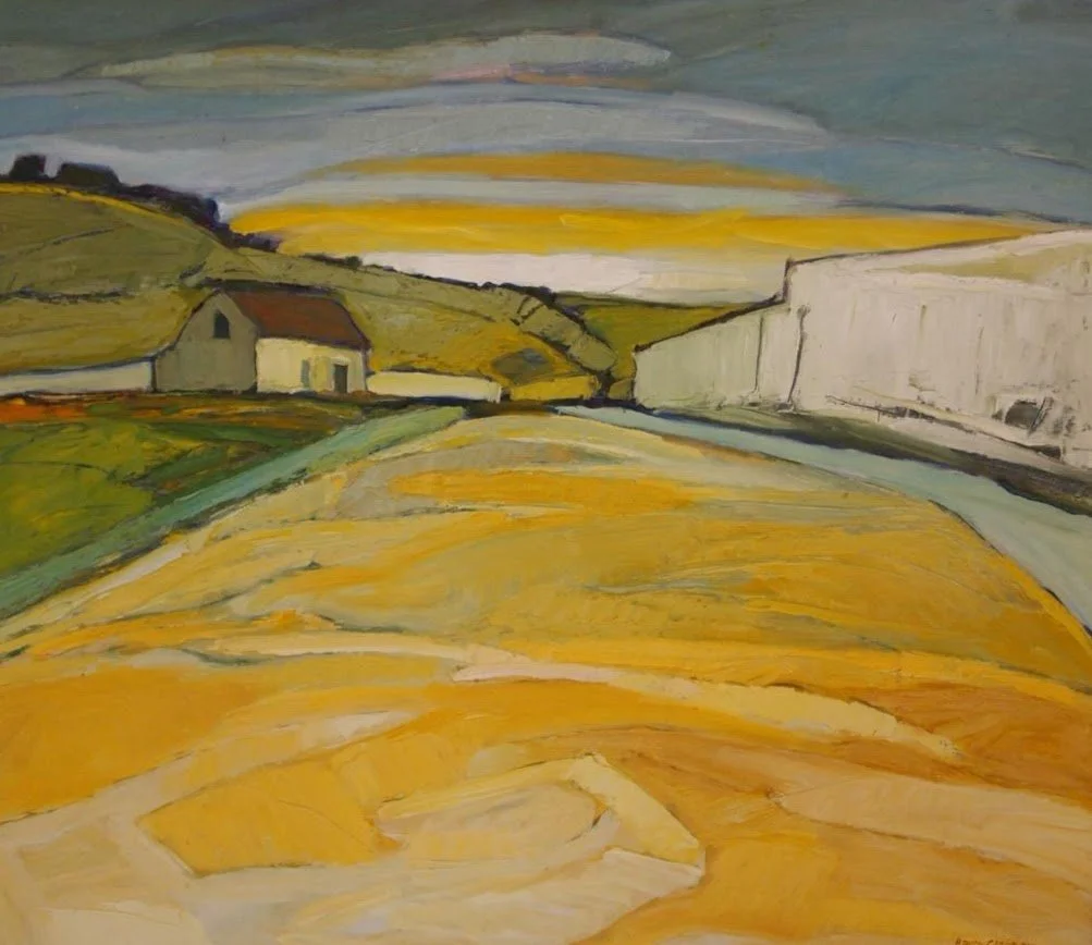 A landscape painting of yellow fields, green patches, a small house, and cliffs under a cloudy sky with streaks of sunlight.