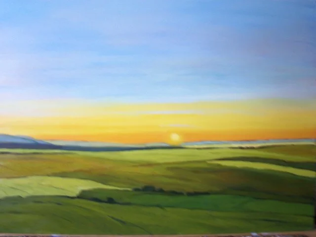 Landscape painting of a sunrise over rolling green fields with mountains in the distance and a partly cloudy sky.