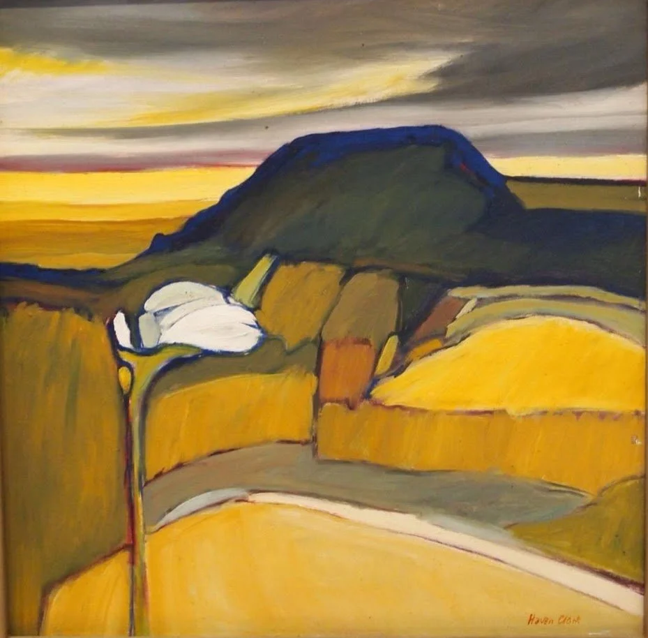 A landscape painting featuring a mountain with a sunset sky, with abstract yellow, green, and dark colors in the foreground.