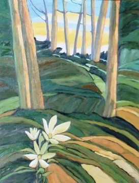 A colorful painting of a forest scene with trees, a grassy path, and a white flower in the foreground.