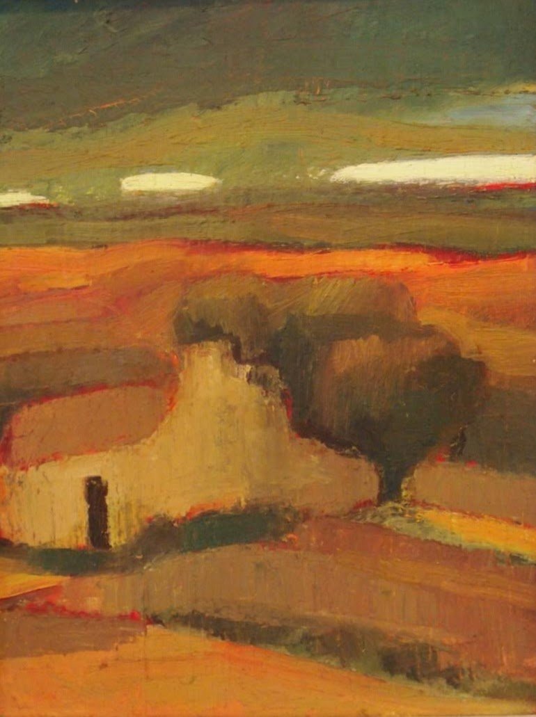 An abstract painting depicting a rural landscape with a white house, trees, and fields under a colorful sky with clouds.