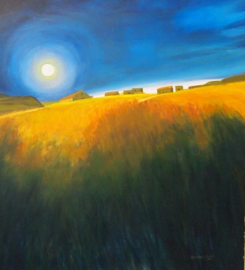 Painting of a moonlit countryside landscape with rolling yellow fields, a small hill on the left, and a row of small houses or barns under a dark blue sky.