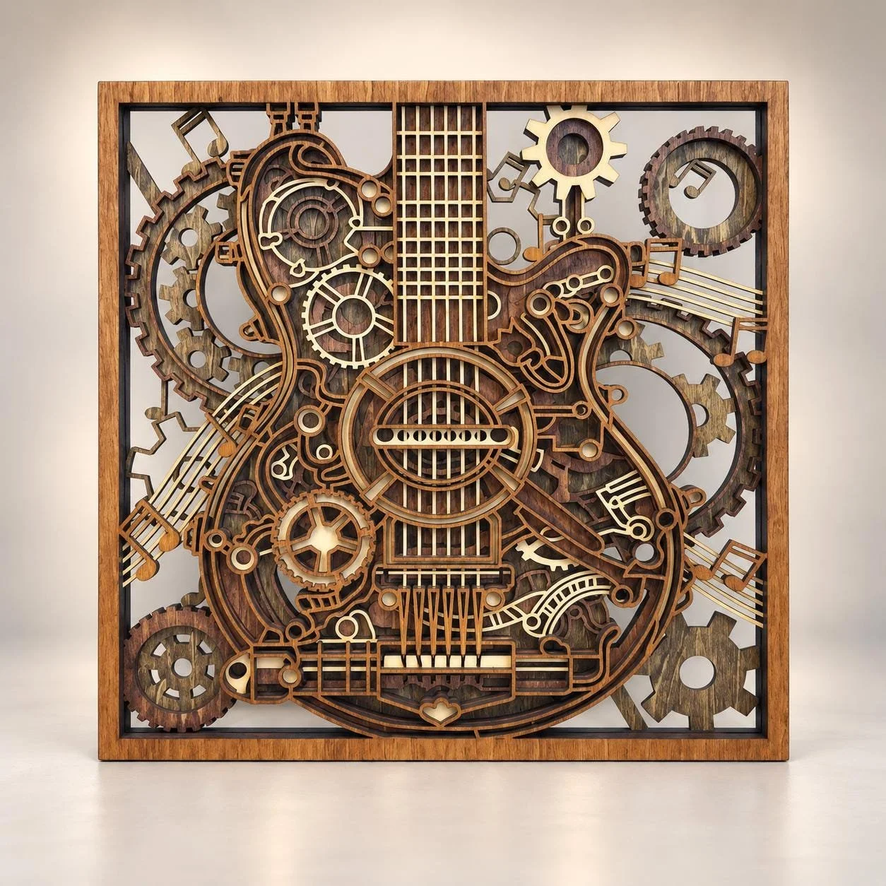 Four-Layer Steampunk Guitar Wall Art – 10 × 10 Inch Wood Hanging