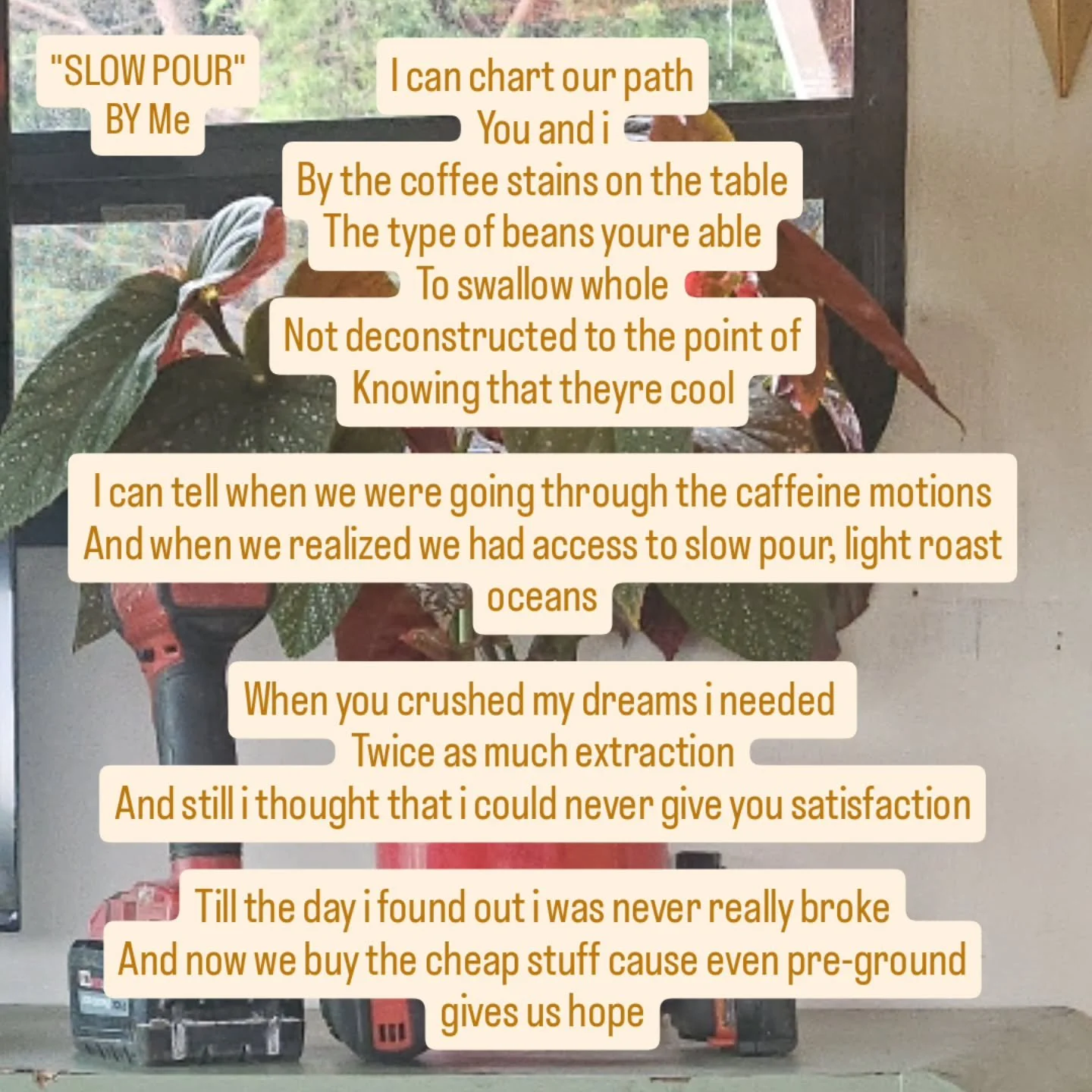 I can chart our path

You and i

By the coffee stains on the table

The type of beans youre able

To swallow whole

Not deconstructed to the point of

Knowing that theyre cool

I can tell when we were going through the caffeine motions

And when we r