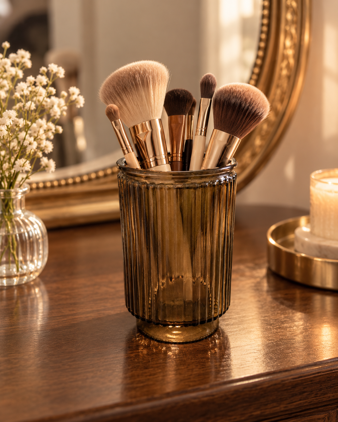 Olive Ribbed Glass Brush Holder