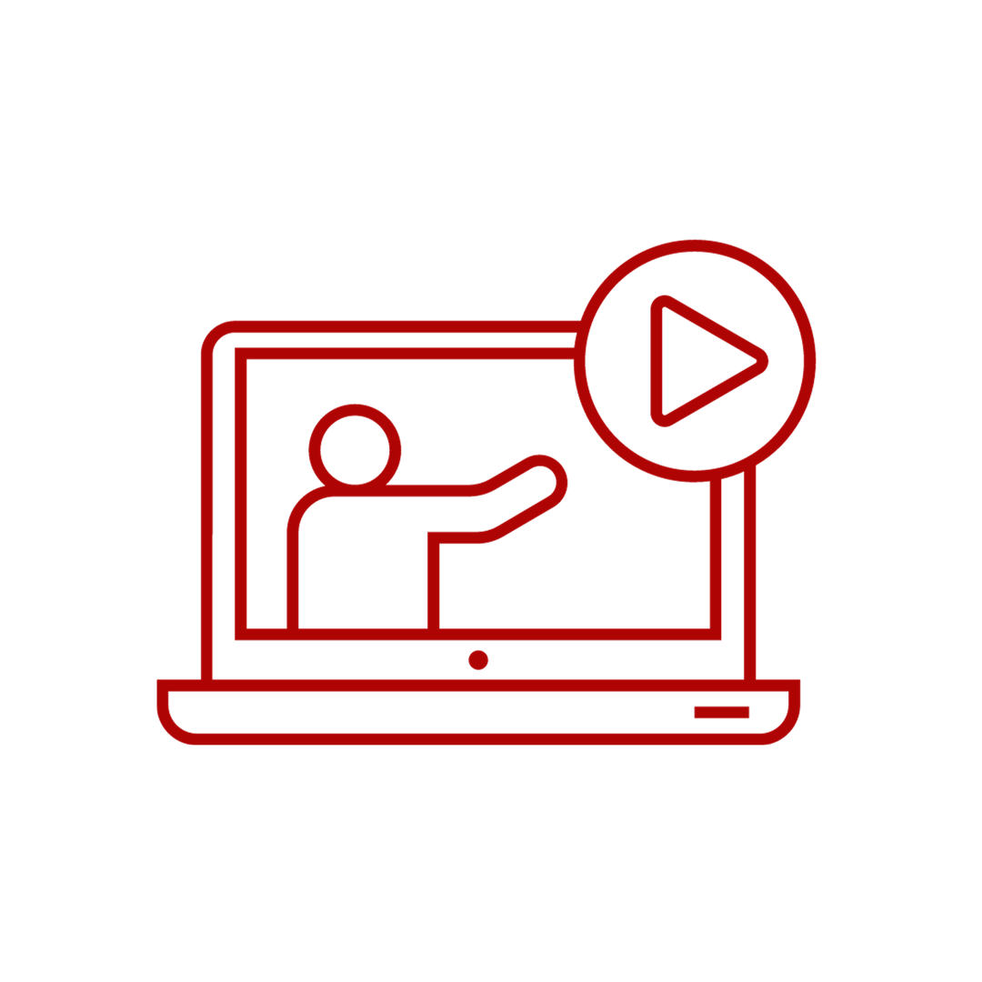 Red line icon of a person presenting on a laptop with a play button.