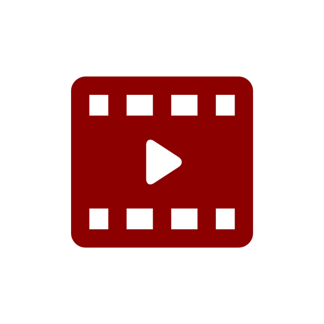Red film strip icon with a black play button