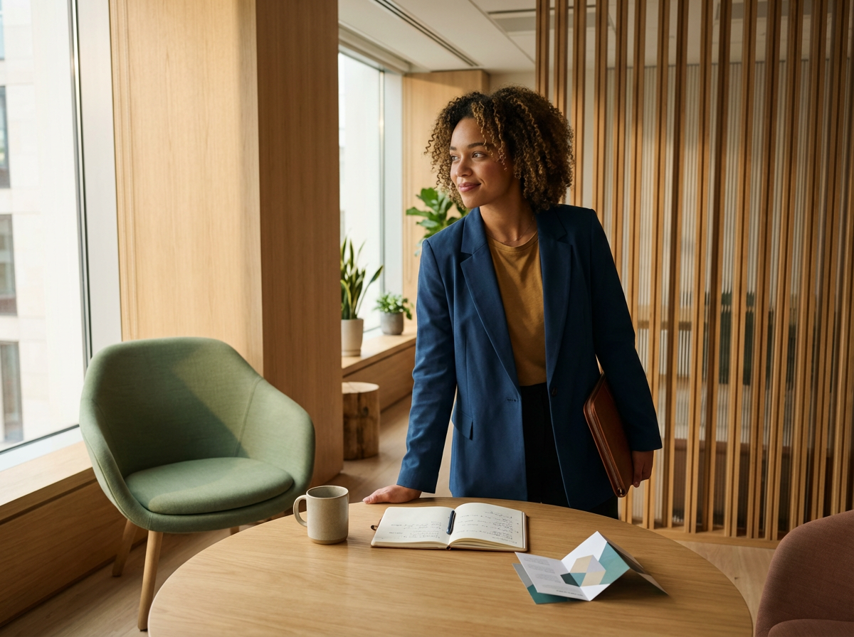 A woman with curly hair, wearing a blue blazer and mustard shirt, standing in a modern office with wooden accents and large windows, near a round wooden table with a notebook, a coffee mug, and a brochure.