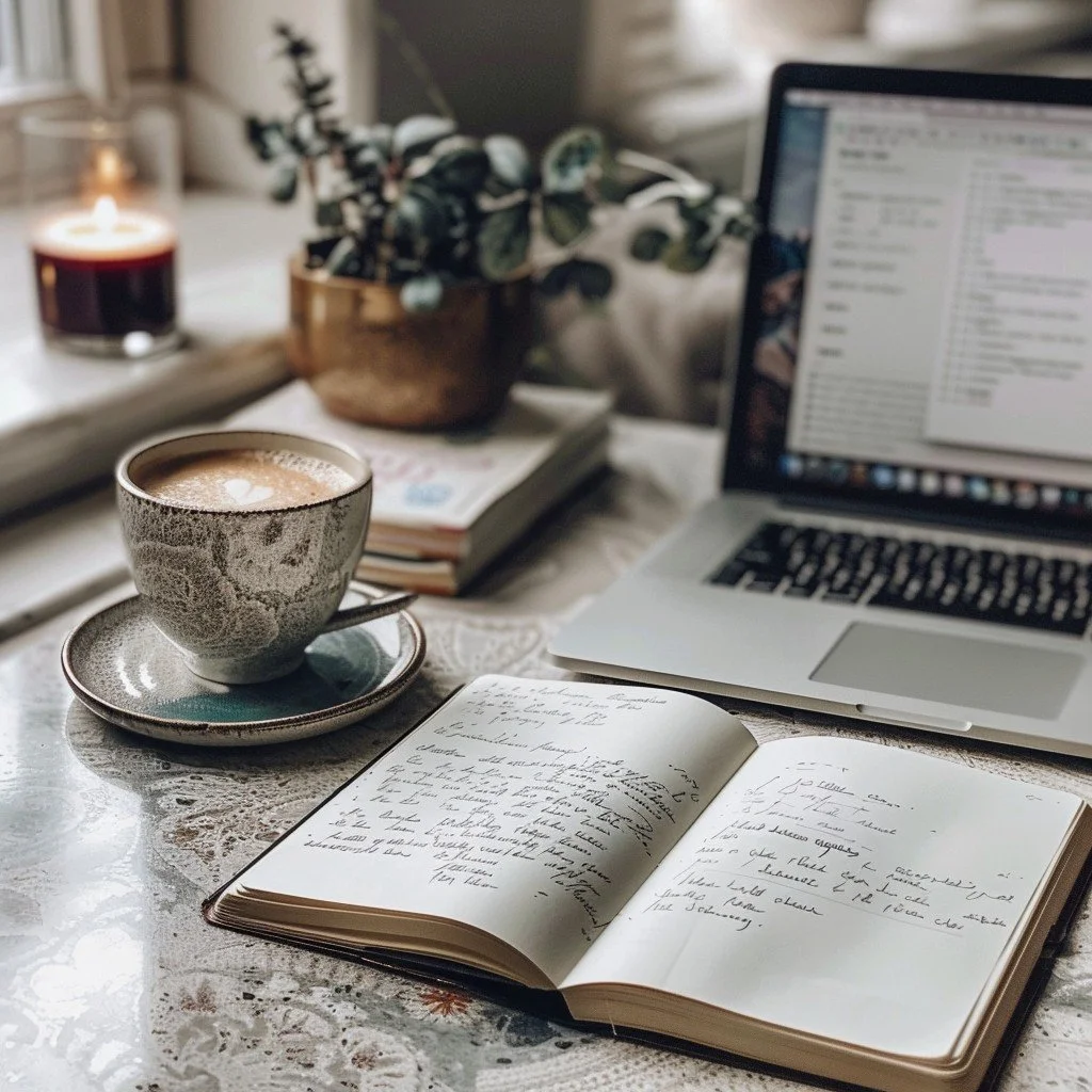 A workspace featuring a cup of coffee on a saucer, an open notebook with handwritten notes, a laptop with an open email or document, a potted plant, a lit candle, and a closed book, all on a lace tablecloth.