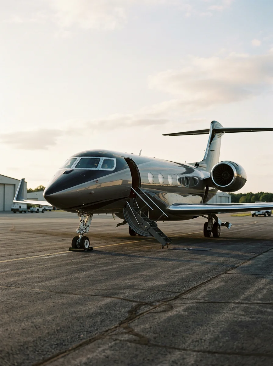 Black private jet parked on an airport tarmac with stairs leading to the door, hangars and vehicles in the background, cloudy sky above.