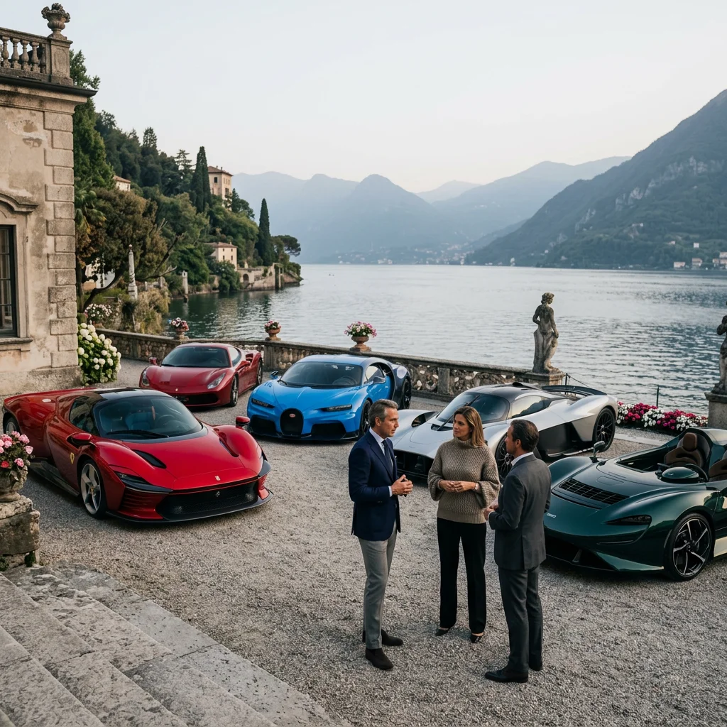 Five hypercars displayed at an exclusive lakeside gathering in Lake Como, Italy, with guests and historic villas.