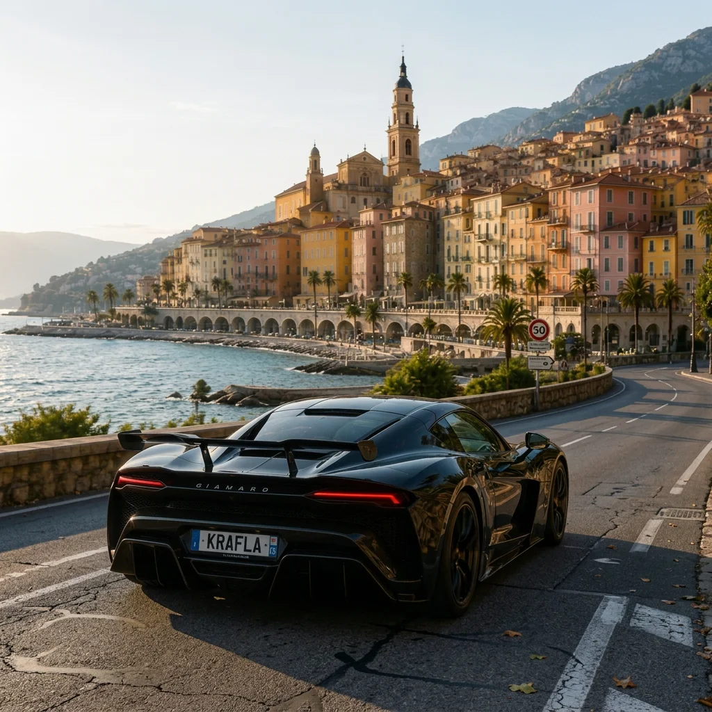Giamaro Krafla driving along the Mediterranean coastal road in Menton, France, with colorful historic buildings and mountains in the background.