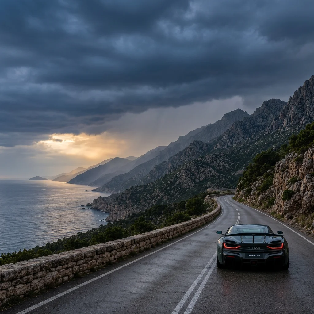 Rimac Nevera driving along a winding Mediterranean coastal road beneath dramatic storm clouds and lightning at sunset.