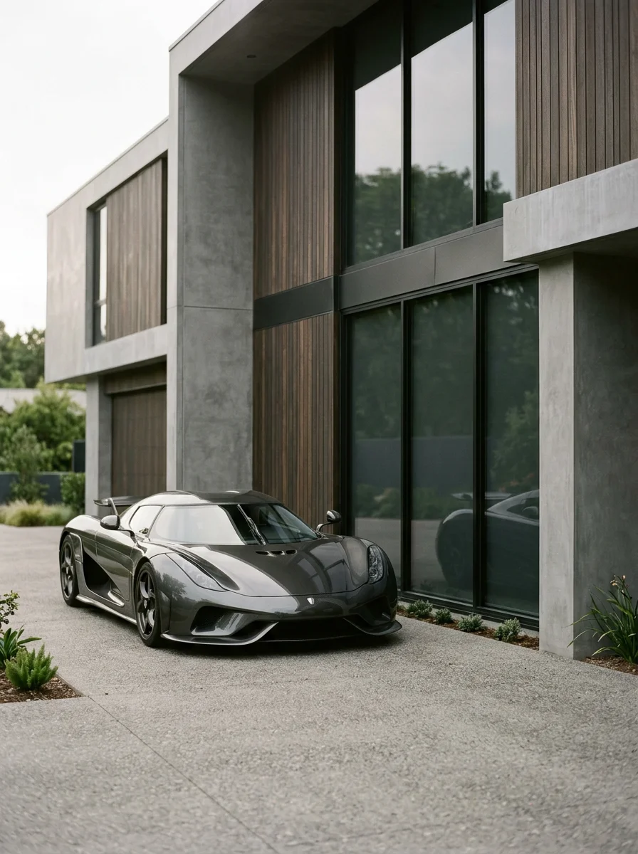 A sleek black sports car parked outside a modern house with large glass windows and a combination of concrete and wood exterior.