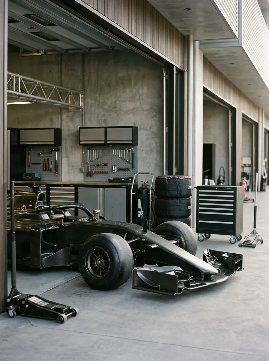Formula race car in a garage with tire stacks, toolboxes, and tools on pegboards.