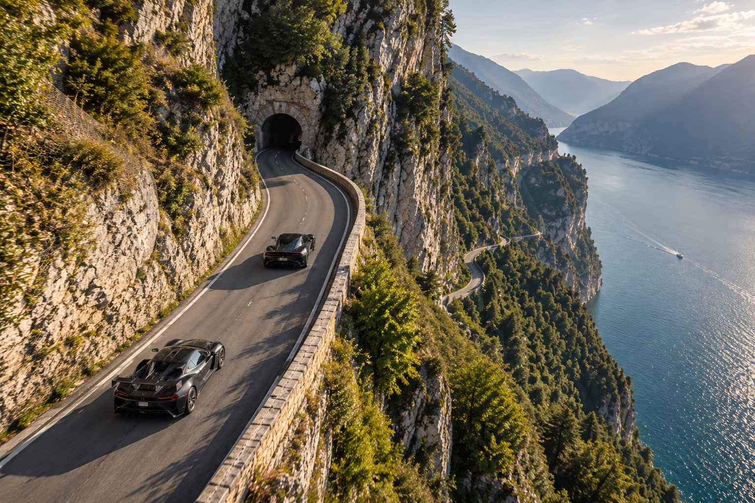 Zenvo Aurora and Apollo Intensa Emozione driving along the Strada della Forra toward a mountain tunnel overlooking Lake Garda.