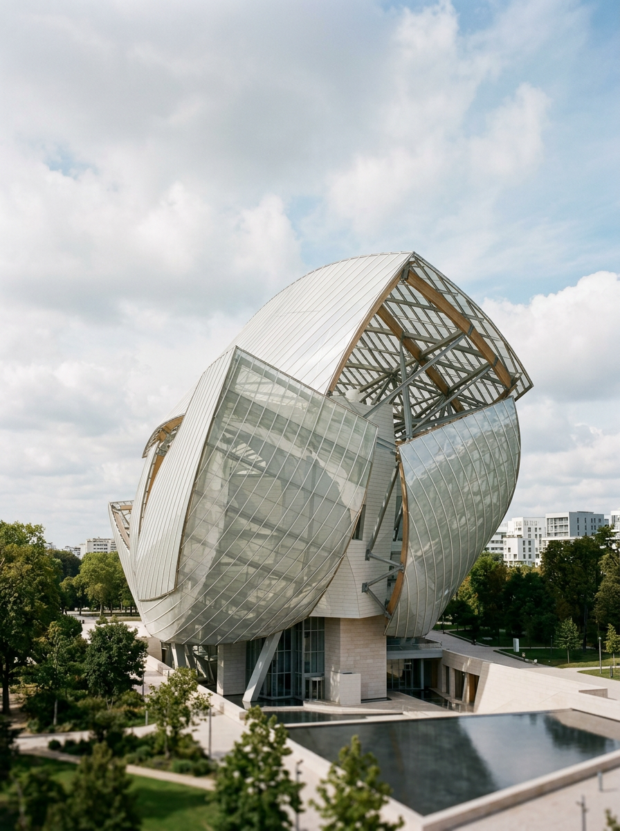 Modern architectural building with curved metallic and glass panels surrounded by greenery and a reflecting pool, under a cloudy sky.