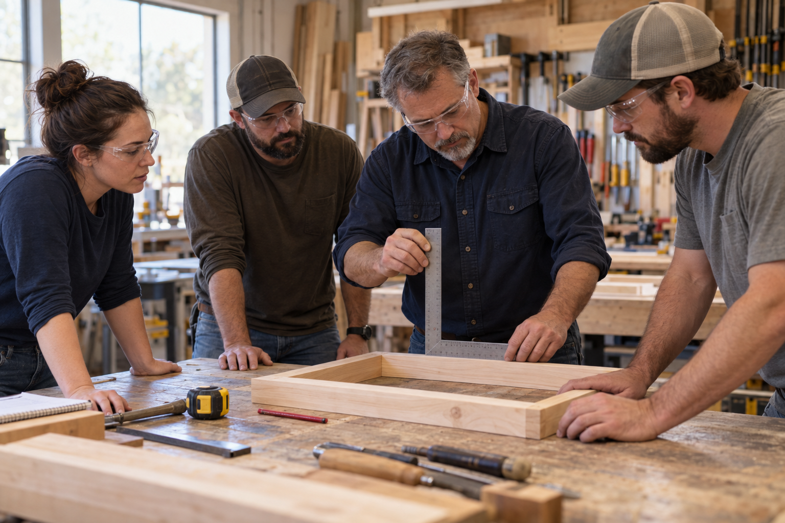 A group of five people in safety glasses working together on a woodworking project in a workshop, with various tools and pieces of wood on the workbench.