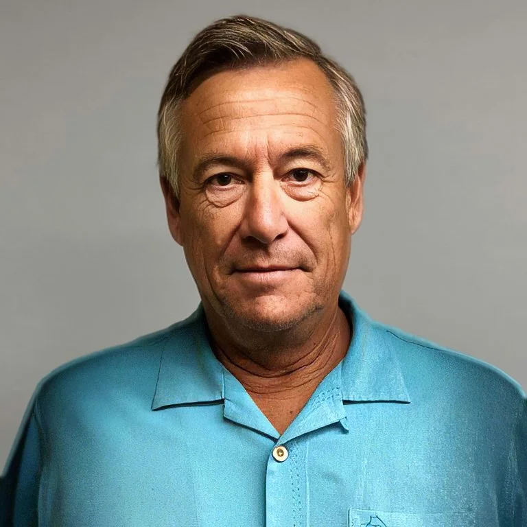 A middle-aged man with gray hair wearing a teal polo shirt against a plain gray background.